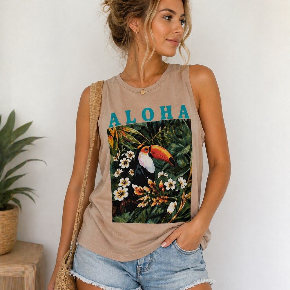 SHEIN Tan Aloha Graphic Muscle Tank Top Toucan Print Sz XS